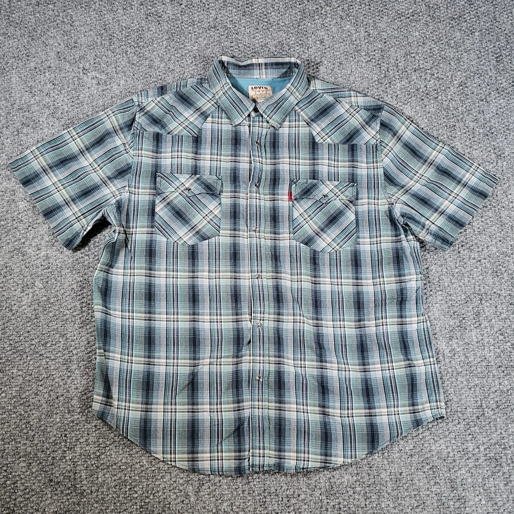 Vintage Levi's Plaid Western‎ Shirt Short Sleeve Pearl Snap Button Up Cowboy XL